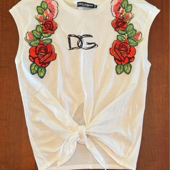 Dolce and Gabbana Jersey t-shirt with tie hem and raffia embroidery - Picture 3 of 6